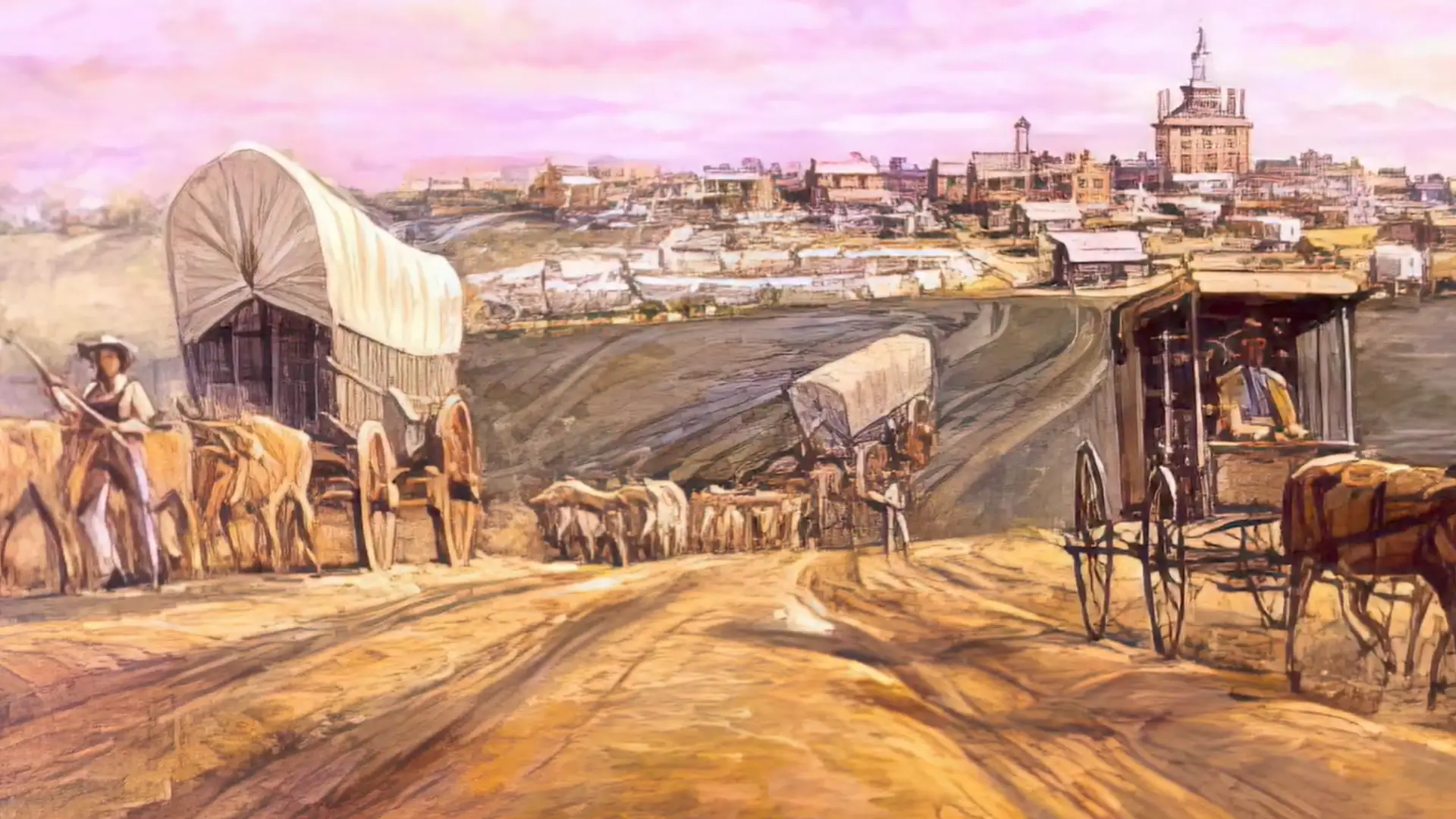 Artwork of covered wagons on the trail